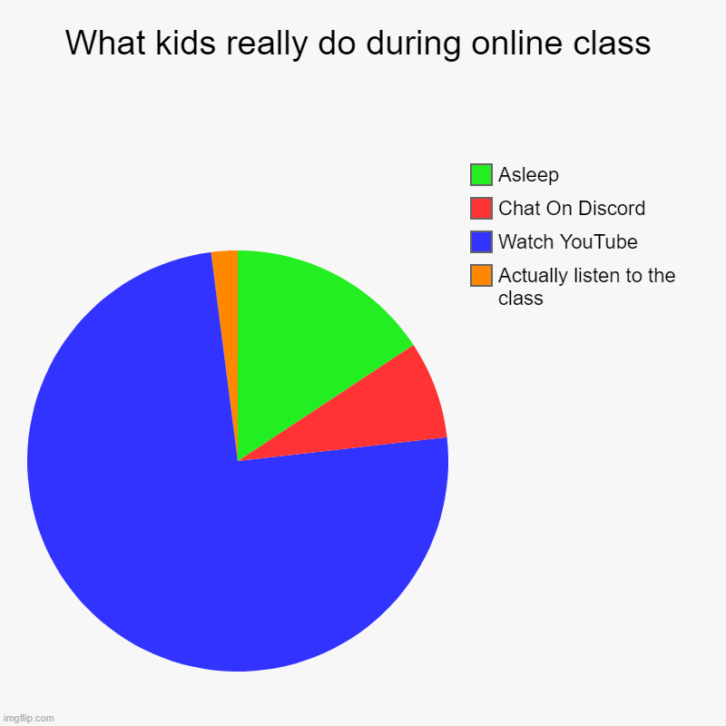You can't say I'm not wrong. ;) | What kids really do during online class | Actually listen to the class, Watch YouTube, Chat On Discord, Asleep | image tagged in charts,pie charts,zoom,online school,youtube | made w/ Imgflip chart maker