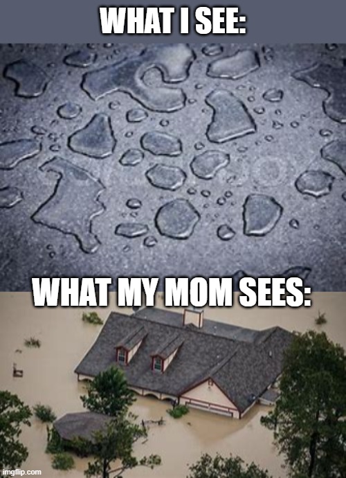 It happened just today. | WHAT I SEE:; WHAT MY MOM SEES: | image tagged in water,spill,mom,relatable,lol | made w/ Imgflip meme maker
