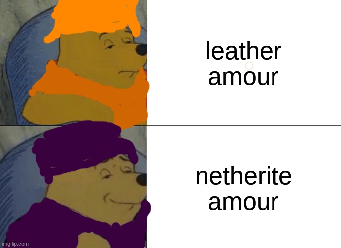 i cant spell | leather amour; netherite amour | image tagged in memes,tuxedo winnie the pooh | made w/ Imgflip meme maker