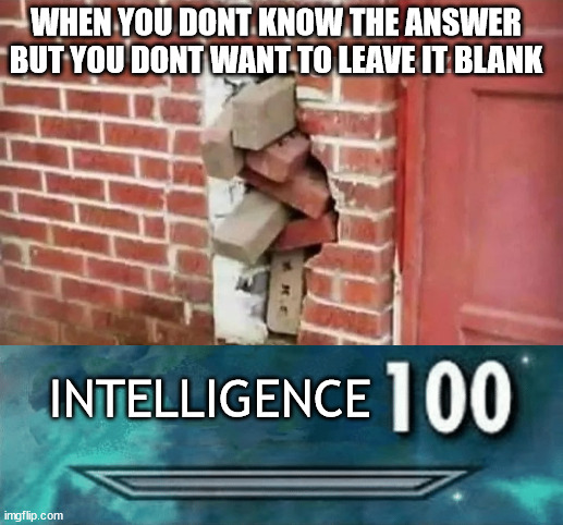 same? | WHEN YOU DONT KNOW THE ANSWER BUT YOU DONT WANT TO LEAVE IT BLANK; INTELLIGENCE | image tagged in skyrim skill meme,math,exam,exam meme,fun | made w/ Imgflip meme maker
