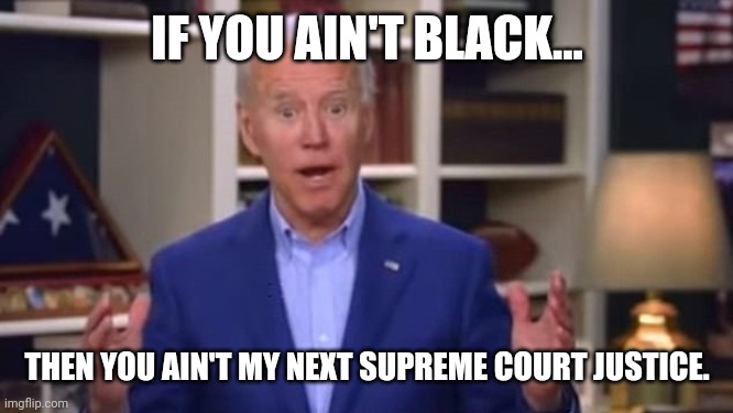 It's totally crazy to hire someone based on experience and dependability. | IF YOU AIN'T BLACK... THEN YOU AIN'T MY NEXT SUPREME COURT JUSTICE. | image tagged in joe biden you ain't black | made w/ Imgflip meme maker