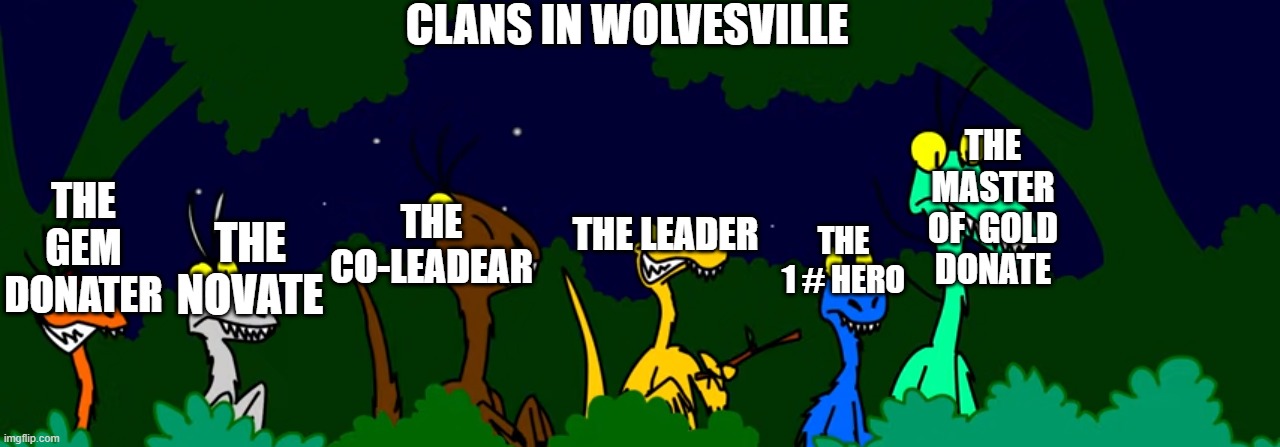 Who plays wolvesville and is in a clan, says if yours is like this. | CLANS IN WOLVESVILLE; THE MASTER OF  GOLD DONATE; THE GEM DONATER; THE CO-LEADEAR; THE LEADER; THE 1 # HERO; THE NOVATE | image tagged in mesozoico zoado,messed screwed up,raptor troop,tropa raptor | made w/ Imgflip meme maker