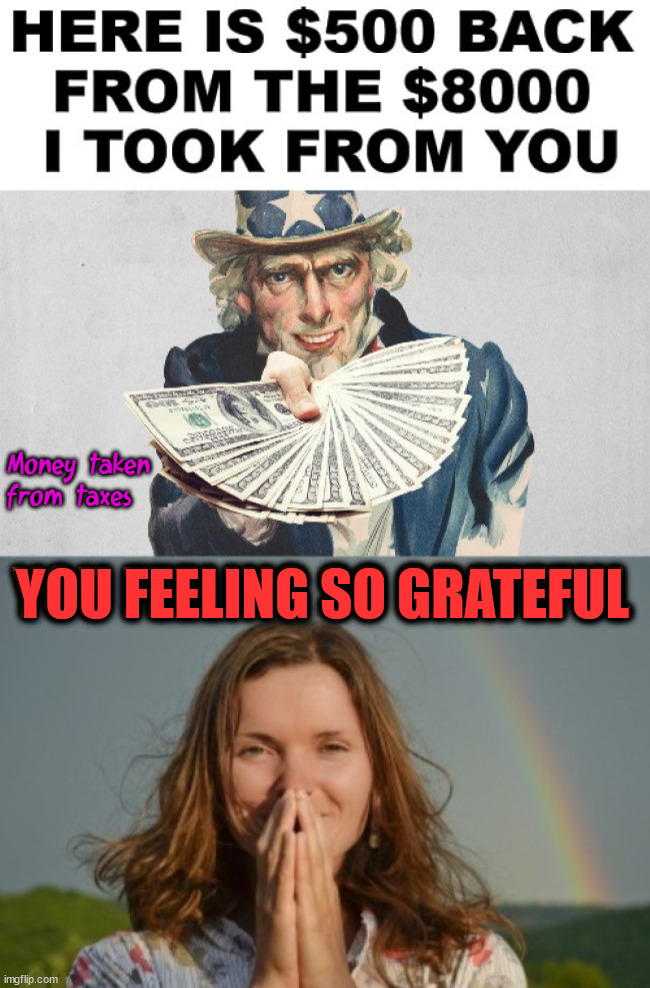 So many hidden taxes and your are happy to get a little back |  Money taken 
from taxes; YOU FEELING SO GRATEFUL | image tagged in political meme,taxes,taxation is theft,let's raise their taxes | made w/ Imgflip meme maker