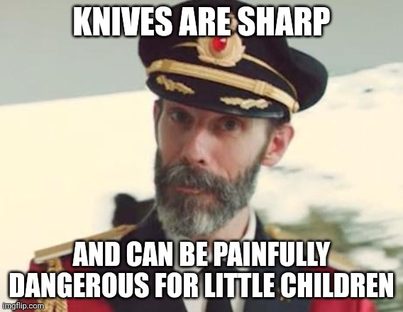 Knives | KNIVES ARE SHARP; AND CAN BE PAINFULLY DANGEROUS FOR LITTLE CHILDREN | image tagged in captain obvious,knives,sharp,memes,comment section,comments | made w/ Imgflip meme maker