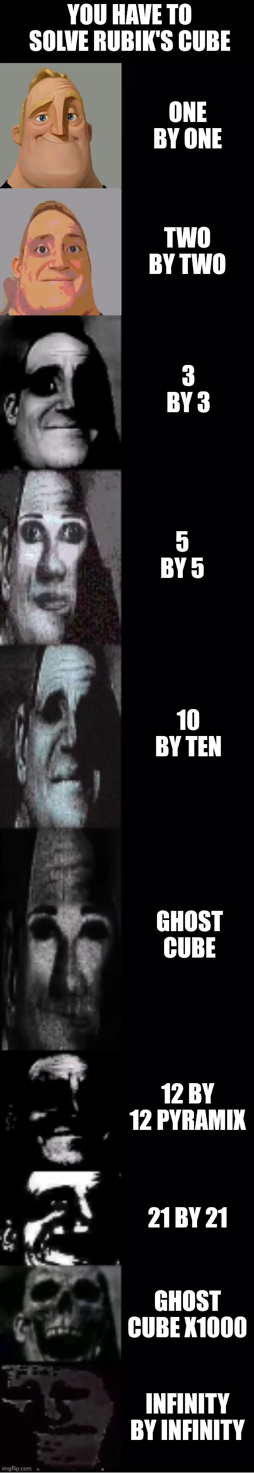 mr incredible becoming uncanny | YOU HAVE TO SOLVE RUBIK'S CUBE; ONE BY ONE; TWO BY TWO; 3 BY 3; 5 BY 5; 10 BY TEN; GHOST CUBE; 12 BY 12 PYRAMIX; 21 BY 21; GHOST CUBE X1000; INFINITY BY INFINITY | image tagged in mr incredible becoming uncanny | made w/ Imgflip meme maker