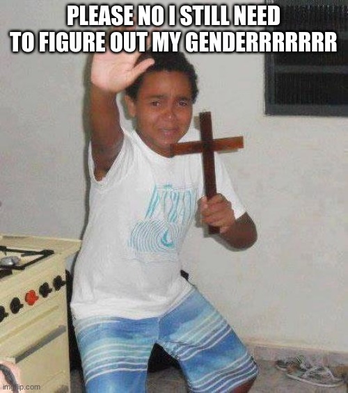 kid with cross | PLEASE NO I STILL NEED TO FIGURE OUT MY GENDERRRRRRR | image tagged in kid with cross | made w/ Imgflip meme maker
