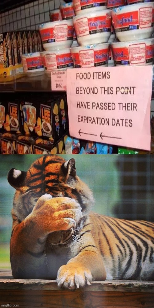 Passed their expiration dates | image tagged in facepalm tiger,foods,food,store,you had one job,memes | made w/ Imgflip meme maker