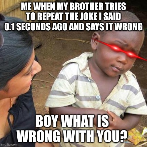 Third World Skeptical Kid Meme | ME WHEN MY BROTHER TRIES TO REPEAT THE JOKE I SAID 0.1 SECONDS AGO AND SAYS IT WRONG; BOY WHAT IS WRONG WITH YOU? | image tagged in memes,third world skeptical kid | made w/ Imgflip meme maker