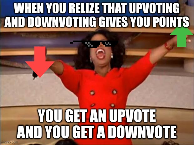 Image title | WHEN YOU RELIZE THAT UPVOTING AND DOWNVOTING GIVES YOU POINTS; YOU GET AN UPVOTE AND YOU GET A DOWNVOTE | image tagged in memes,oprah you get a | made w/ Imgflip meme maker