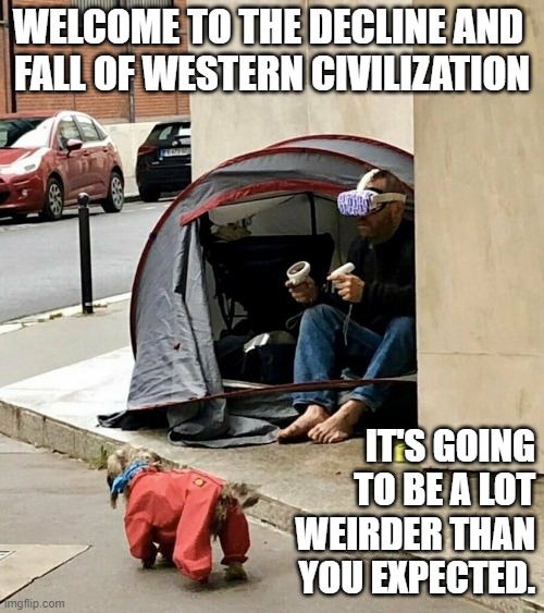 WELCOME TO THE DECLINE AND 
FALL OF WESTERN CIVILIZATION; IT'S GOING TO BE A LOT WEIRDER THAN YOU EXPECTED. | image tagged in western civilization,metaverse,gaming,homeless | made w/ Imgflip meme maker