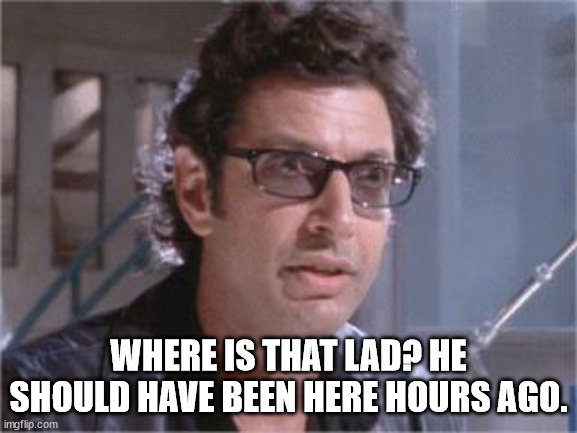 Jeff Goldblum | WHERE IS THAT LAD? HE SHOULD HAVE BEEN HERE HOURS AGO. | image tagged in jeff goldblum | made w/ Imgflip meme maker