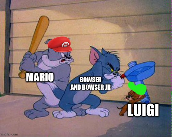 Tom and Jerry 3 way brawl | BOWSER AND BOWSER JR; MARIO; LUIGI | image tagged in tom and jerry 3 way brawl | made w/ Imgflip meme maker