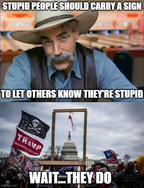 Stupid people should carry a sign - Trump Insurrection coup 1/6 signs flags | STUPID PEOPLE SHOULD CARRY A SIGN; TO LET OTHERS KNOW THEY'RE STUPID; WAIT...THEY DO | image tagged in sam elliott special kind of stupid,trump insurrection jan 6 2021,trump,insurrection,1/6,republican | made w/ Imgflip meme maker
