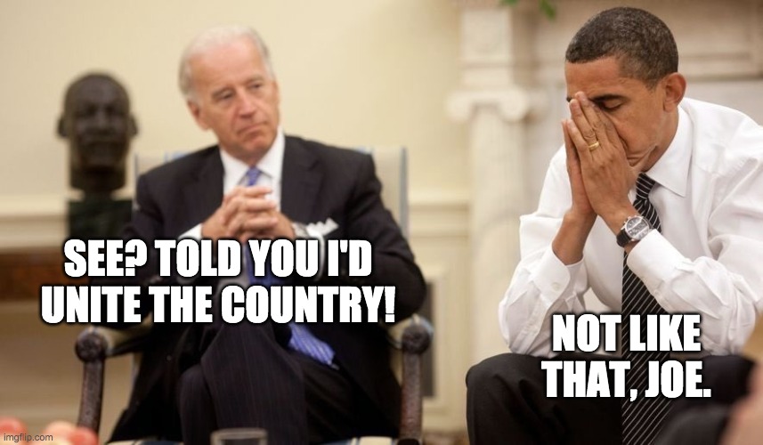 Biden Obama | SEE? TOLD YOU I'D
UNITE THE COUNTRY! NOT LIKE THAT, JOE. | image tagged in biden obama | made w/ Imgflip meme maker