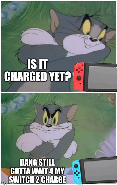 the pain | IS IT CHARGED YET? DANG STILL GOTTA WAIT 4 MY SWITCH 2 CHARGE | image tagged in tom and jerry | made w/ Imgflip meme maker