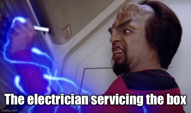 Worf getting buzzed. | The electrician servicing the box | image tagged in worf getting buzzed | made w/ Imgflip meme maker