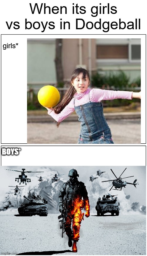 Blank Comic Panel 1x2 Meme | When its girls vs boys in Dodgeball; girls*; BOYS* | image tagged in memes,blank comic panel 1x2 | made w/ Imgflip meme maker