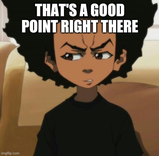 Huey Freeman 1 | THAT'S A GOOD POINT RIGHT THERE | image tagged in huey freeman 1 | made w/ Imgflip meme maker