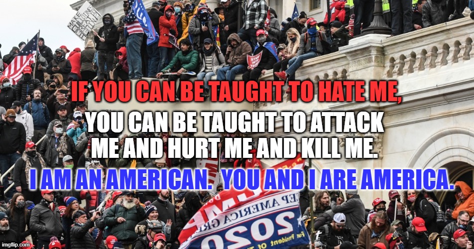 Disagree without disintegration into dystopic disunity. | IF YOU CAN BE TAUGHT TO HATE ME, YOU CAN BE TAUGHT TO ATTACK ME AND HURT ME AND KILL ME. I AM AN AMERICAN.  YOU AND I ARE AMERICA. | image tagged in politics | made w/ Imgflip meme maker