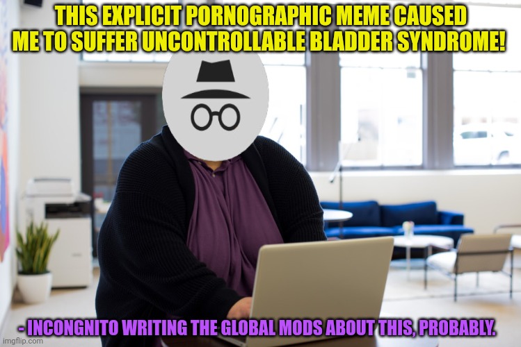 THIS EXPLICIT PORNOGRAPHIC MEME CAUSED ME TO SUFFER UNCONTROLLABLE BLADDER SYNDROME! - INCONGNITO WRITING THE GLOBAL MODS ABOUT THIS, PROBAB | made w/ Imgflip meme maker
