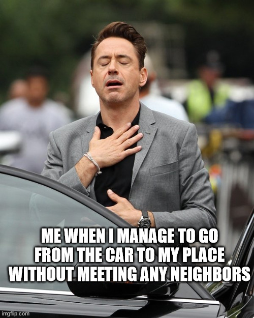 Relief | ME WHEN I MANAGE TO GO FROM THE CAR TO MY PLACE WITHOUT MEETING ANY NEIGHBORS | image tagged in relief | made w/ Imgflip meme maker