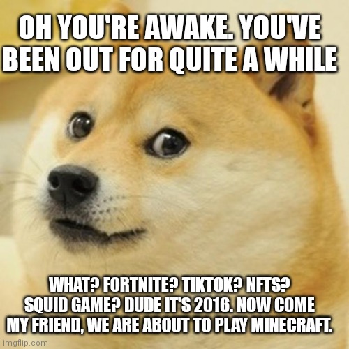 Doge Meme | OH YOU'RE AWAKE. YOU'VE BEEN OUT FOR QUITE A WHILE; WHAT? FORTNITE? TIKTOK? NFTS? SQUID GAME? DUDE IT'S 2016. NOW COME MY FRIEND, WE ARE ABOUT TO PLAY MINECRAFT. | image tagged in memes,doge | made w/ Imgflip meme maker
