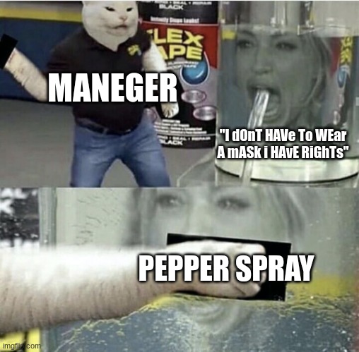 oh shut up karen | MANEGER; "I dOnT HAVe To WEar A mASk i HAvE RiGhTs"; PEPPER SPRAY | image tagged in woman yelling at cat flex tape crossover | made w/ Imgflip meme maker