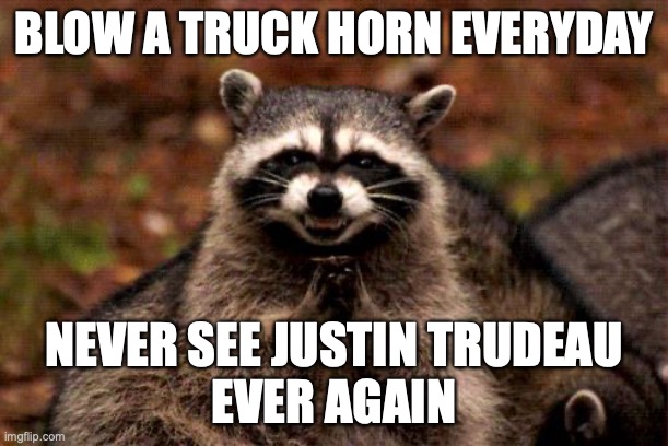 never see Justin Trudeau ever again | BLOW A TRUCK HORN EVERYDAY; NEVER SEE JUSTIN TRUDEAU
EVER AGAIN | image tagged in memes,evil plotting raccoon,justin trudeau | made w/ Imgflip meme maker