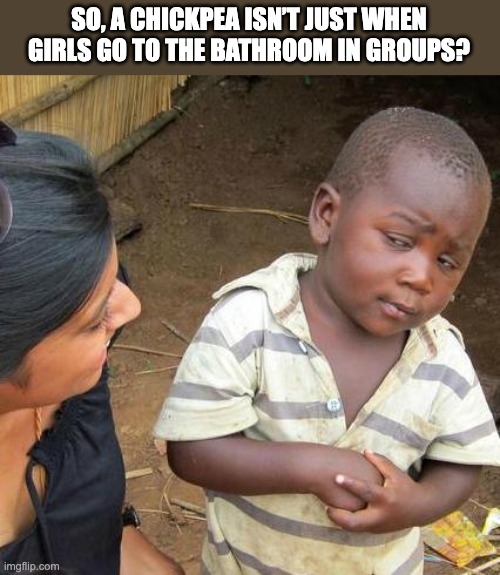 Chickpea | SO, A CHICKPEA ISN’T JUST WHEN GIRLS GO TO THE BATHROOM IN GROUPS? | image tagged in memes,third world skeptical kid | made w/ Imgflip meme maker