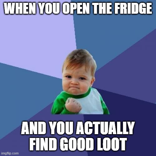 POV: your mom brought home good food | WHEN YOU OPEN THE FRIDGE; AND YOU ACTUALLY FIND GOOD LOOT | image tagged in memes,success kid,funny,funny memes,food,hilarious | made w/ Imgflip meme maker