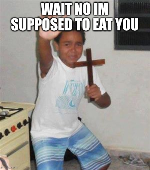 Scared Kid | WAIT NO IM SUPPOSED TO EAT YOU | image tagged in scared kid | made w/ Imgflip meme maker