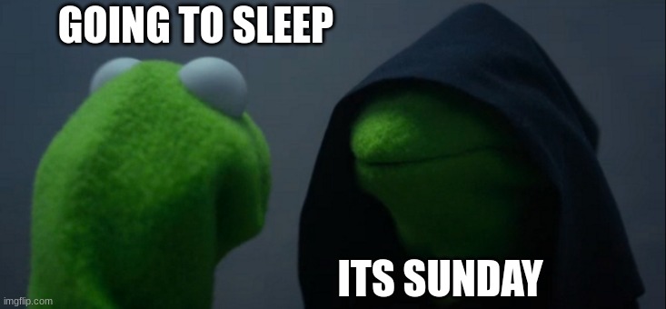 Evil Kermit | GOING TO SLEEP; ITS SUNDAY | image tagged in memes,evil kermit | made w/ Imgflip meme maker