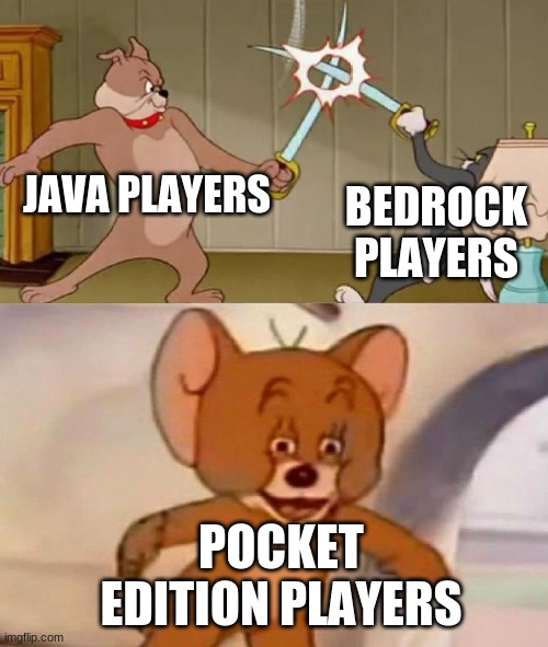 Minecraft Platforms In A Nutshell | JAVA PLAYERS; BEDROCK PLAYERS; POCKET EDITION PLAYERS | image tagged in tom and jerry swordfight,minecraft | made w/ Imgflip meme maker
