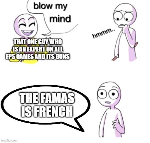 Blow my mind | THAT ONE GUY WHO IS AN EXPERT ON ALL FPS GAMES AND ITS GUNS; THE FAMAS IS FRENCH | image tagged in blow my mind | made w/ Imgflip meme maker