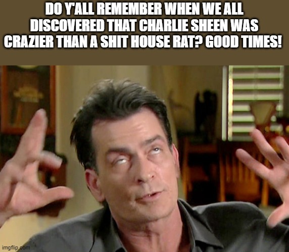 Charlie Sheen Crazier Than A Shit House Rat |  DO Y'ALL REMEMBER WHEN WE ALL DISCOVERED THAT CHARLIE SHEEN WAS CRAZIER THAN A SHIT HOUSE RAT? GOOD TIMES! | image tagged in charlie sheen,crazy,shit,crazier,funny,memes | made w/ Imgflip meme maker