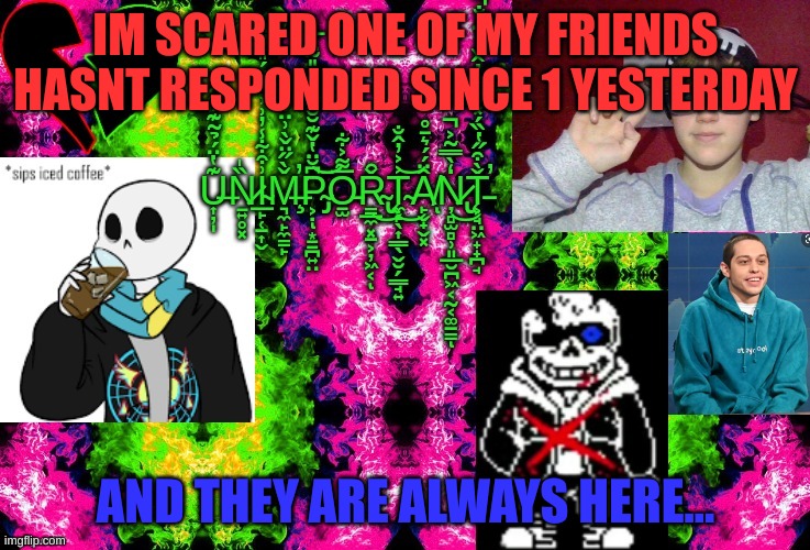 temp by IsanRuisu | IM SCARED ONE OF MY FRIENDS HASNT RESPONDED SINCE 1 YESTERDAY; AND THEY ARE ALWAYS HERE... | image tagged in temp by isanruisu | made w/ Imgflip meme maker