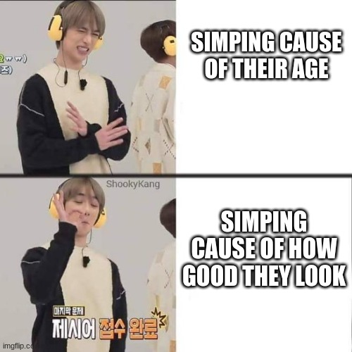 Simping Reasonings | SIMPING CAUSE OF THEIR AGE; SIMPING CAUSE OF HOW GOOD THEY LOOK | image tagged in beomgyu drake | made w/ Imgflip meme maker