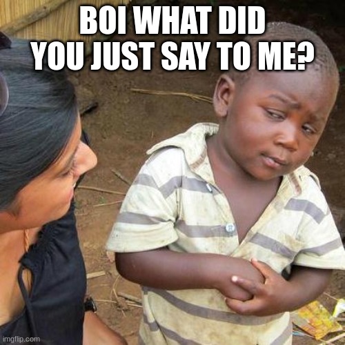 Third World Skeptical Kid Meme | BOI WHAT DID YOU JUST SAY TO ME? | image tagged in memes,third world skeptical kid | made w/ Imgflip meme maker