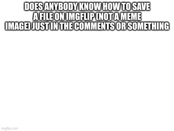 i need help wit this | DOES ANYBODY KNOW HOW TO SAVE A FILE ON IMGFLIP (NOT A MEME IMAGE) JUST IN THE COMMENTS OR SOMETHING | image tagged in blank white template | made w/ Imgflip meme maker