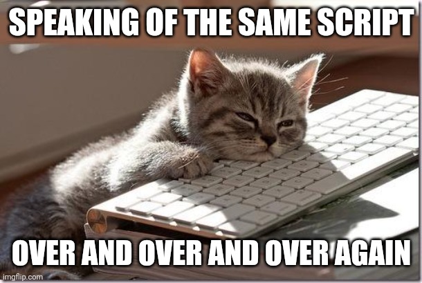 Bored Keyboard Cat | SPEAKING OF THE SAME SCRIPT OVER AND OVER AND OVER AGAIN | image tagged in bored keyboard cat | made w/ Imgflip meme maker