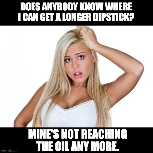 There's a dipstick in the photo and she's blonde | DOES ANYBODY KNOW WHERE I CAN GET A LONGER DIPSTICK? MINE'S NOT REACHING THE OIL ANY MORE. | image tagged in dumb blonde | made w/ Imgflip meme maker