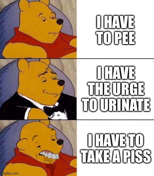 why do people even say the last one | I HAVE TO PEE; I HAVE THE URGE TO URINATE; I HAVE TO TAKE A PISS | image tagged in best better blurst | made w/ Imgflip meme maker