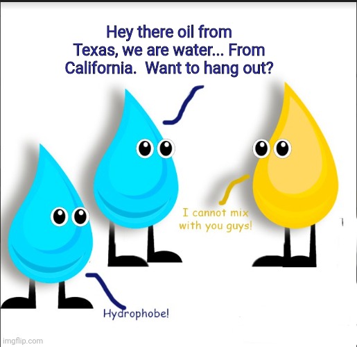 When Californians show up at your door | Hey there oil from Texas, we are water... From California.  Want to hang out? | image tagged in california,texas,oil,water,mix | made w/ Imgflip meme maker