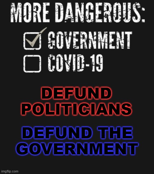 Defund The Government | DEFUND POLITICIANS; DEFUND THE
GOVERNMENT | image tagged in more dangerous government or covid-19 | made w/ Imgflip meme maker