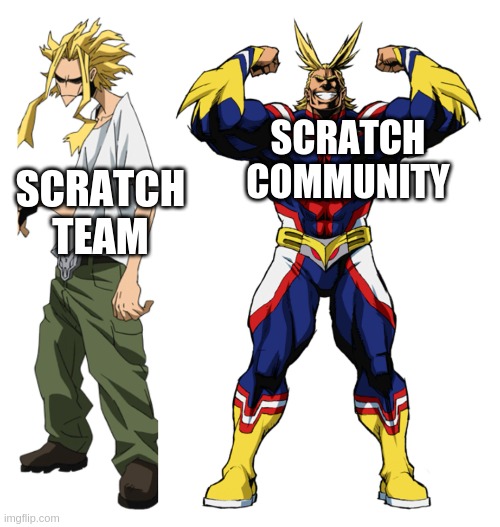 haha | SCRATCH COMMUNITY; SCRATCH TEAM | image tagged in my hero academia all might weak vs strong,my hero academia,lol | made w/ Imgflip meme maker