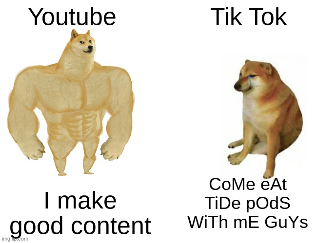 Buff Doge vs. Cheems |  Youtube; Tik Tok; CoMe eAt TiDe pOdS WiTh mE GuYs; I make good content | image tagged in memes,buff doge vs cheems | made w/ Imgflip meme maker