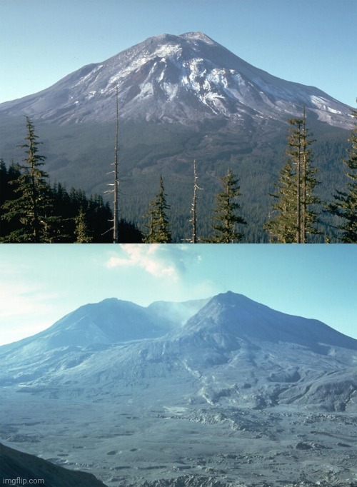 Mount St. Helens before and after the 1980 eruption | image tagged in volcano,united states,washington | made w/ Imgflip meme maker