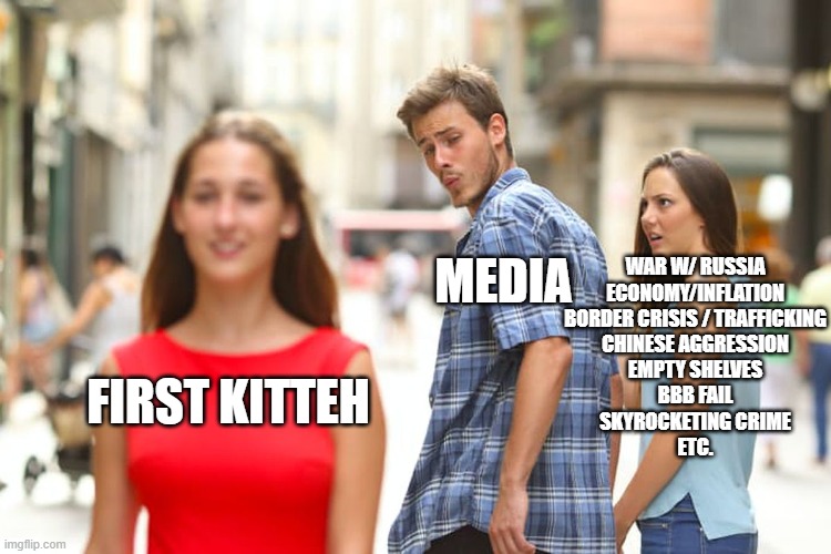 Not that we didn't know this already, but the media is a joke. | WAR W/ RUSSIA
ECONOMY/INFLATION
BORDER CRISIS / TRAFFICKING
CHINESE AGGRESSION
EMPTY SHELVES
BBB FAIL
SKYROCKETING CRIME
ETC. MEDIA; FIRST KITTEH | image tagged in memes,distracted boyfriend | made w/ Imgflip meme maker