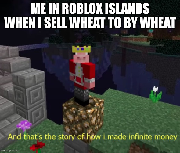 And that's the story of how I made INFINITE MONEY | ME IN ROBLOX ISLANDS WHEN I SELL WHEAT TO BY WHEAT | image tagged in and that's the story of how i made infinite money | made w/ Imgflip meme maker