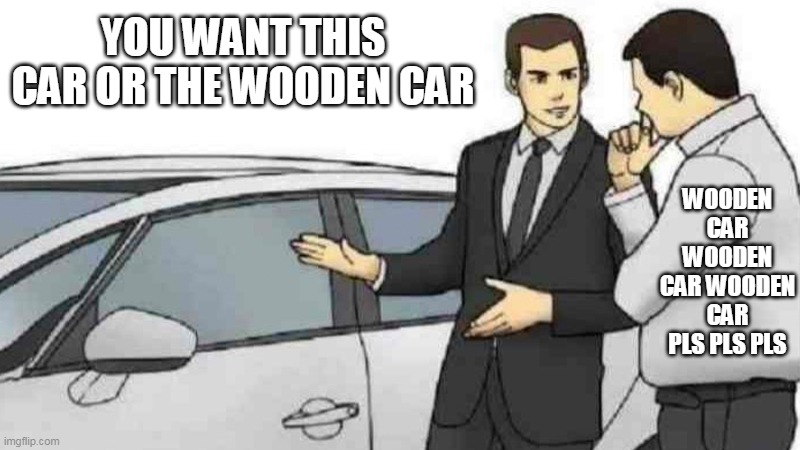 Car Salesman Slaps Roof Of Car Meme | YOU WANT THIS CAR OR THE WOODEN CAR WOODEN CAR WOODEN CAR WOODEN CAR PLS PLS PLS | image tagged in memes,car salesman slaps roof of car | made w/ Imgflip meme maker